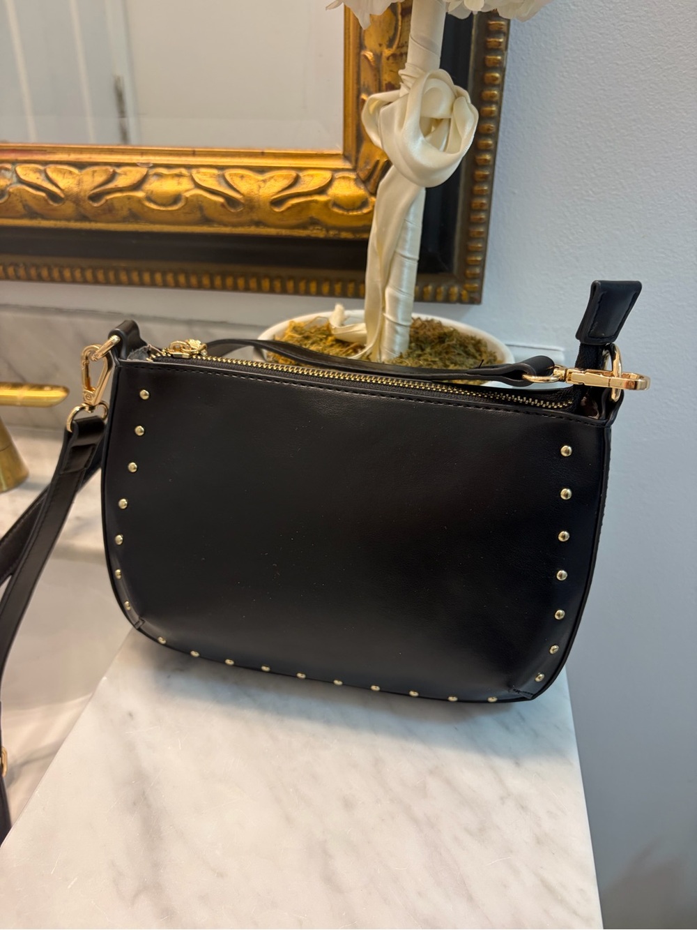 Jen & Co Sleek Black Crossbody with Gold Stud Detailing